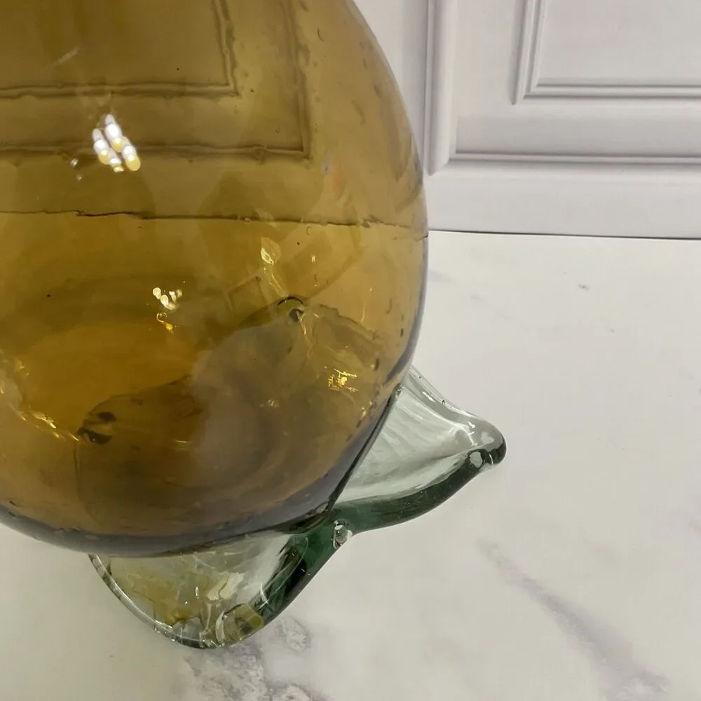 Hand Blown Glass Amber Pitcher with attached Clear Handle 10.5”Tall Clear Base